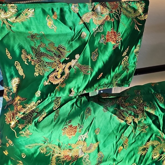 Emerald Green Kimono Robe Dragon Phoenix Embroidered Oriental Asian Style - Picture 3 of 6